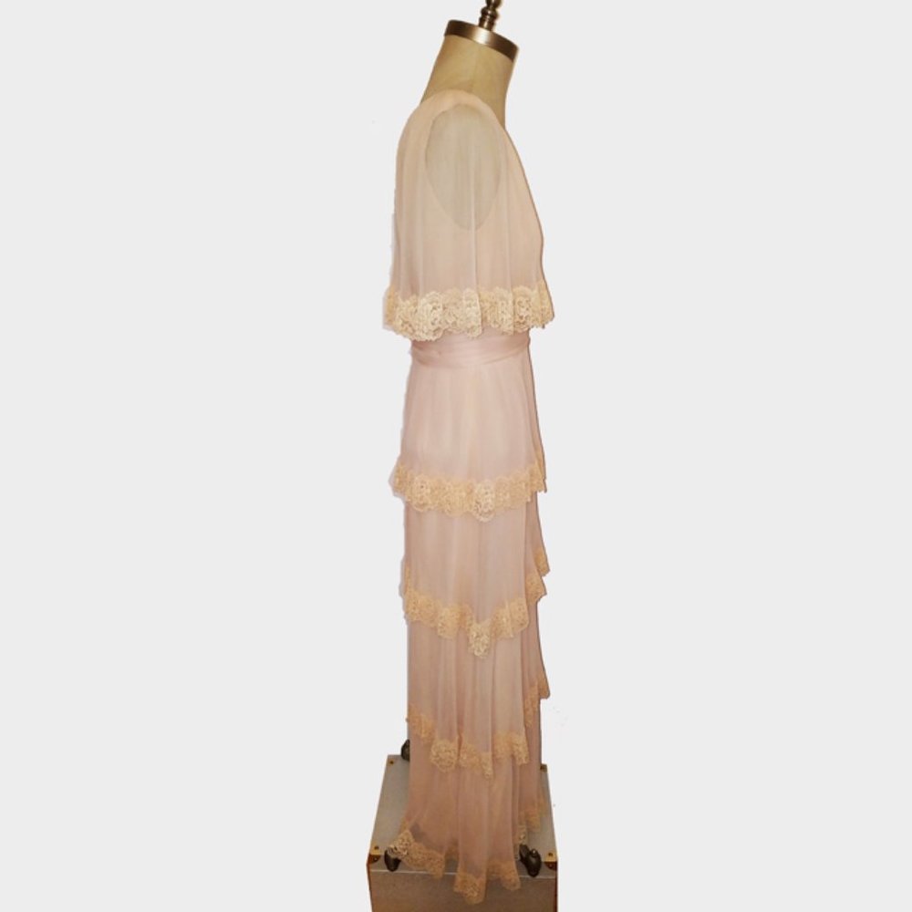Vtg 70s Nude Blush Chiffon Lace Tiered Gown Dress - Picture 4 of 7